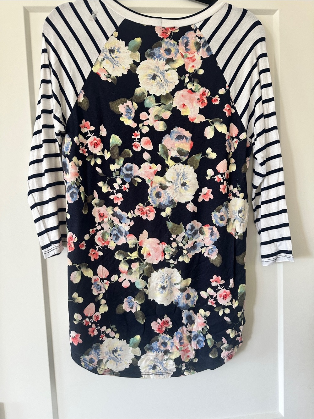 First Looks Black Floral Raglan Long Sleeve Tee with White Striped Sleeves - Picture 3 of 4